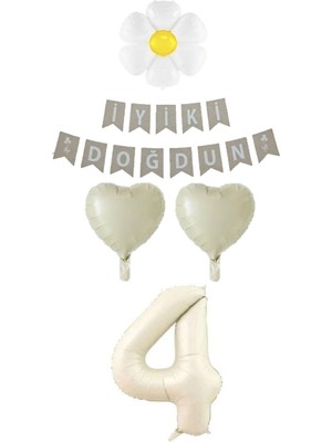 Feyza Design 4 Yaş Papatyalı Rakam Kalp Folyo Balon Doğum Günü Seti