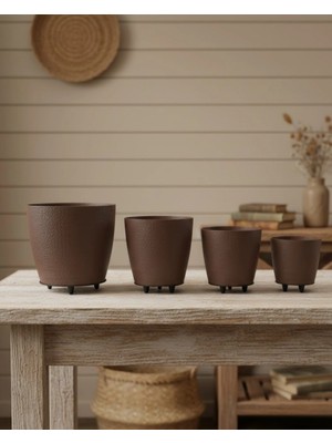 Marsilyan 4’lü 3D Şık Kahverengi Vazo Seti Modern Ayaklı Saksı