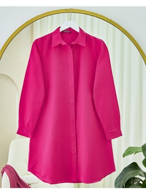 Moda Morfo Gizli Düğmeli Oval Kesim Uzun Gömlek -Fuşya