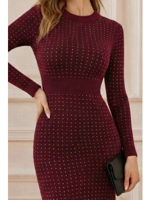 Munn Collection Kadın Uzun Kollu Bisiklet Yaka Taşlı Midi Kadife Elbise