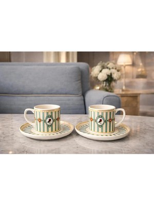 Vintage Çizgili Kuş Desenli 2'li Kahve Fincanı Seti – Şık Tabaklı Fincan Takımı