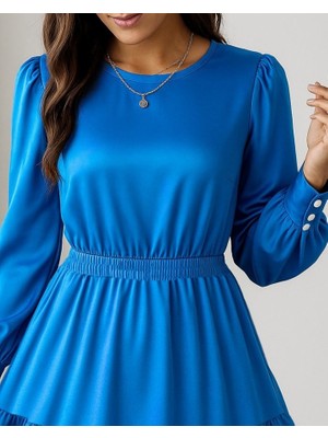 Sun&north Kadın Uzun Kollu Bisiklet Yaka Beli Lastikli Fırfırlı Ithal Krep Elbise