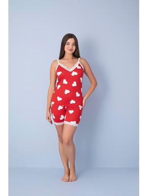 Piove Kadın Kalp Desenli Askılı Şortlu Pijama Takımı – Dantel Detaylı Rahat Ev Giyim Seti