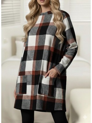 Pusula Sepeti Kadın Uzun Kollu Yarı Balıkçı Yakalı Cep Detaylı Ekoseli Dokuma Tunik