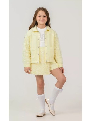 Alg KIZ ÇOCUK GÜL İŞLEMELİ ŞORT ETEKLİ 3'LÜ KOMBİN TAKIM (Bir Beden Büyük Önerilir)