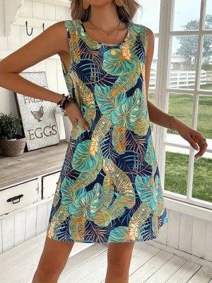 Ne Verelim Size Kadın Sıfır Kollu Yuvarlak Yaka Desenli Süprem Elbise