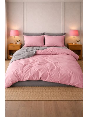 More Home Tek  Kişilik Yorgan Kılıfı + Yastık Kılıfı   (Çarşafsız) Pembe Gri