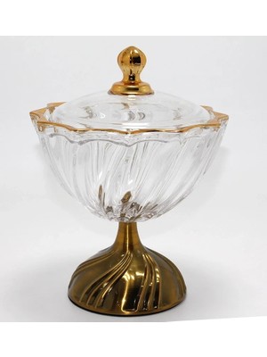 Uslucan Alışveriş Metal Ayaklı Kristal Cam Şekerlik Gold Detaylı Sunumluk