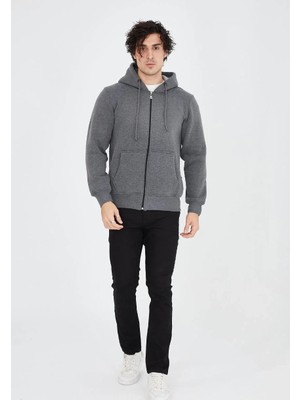 Tarz Yeri Erkek Tam Fermuarlı Kapşonlu  Sweatshirt - Füme