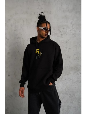 Erkek Kapşonlu Baskılı Sweetshirt - Siyah