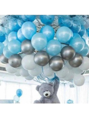 Feyza Design 50 Adet Mavi-Beyaz-Gümüş Metalik Balon Zinciri 5 mt Parti Seti