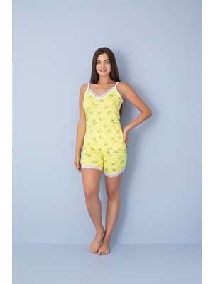 Piove Kadın Limon Desenli Askılı Şortlu Pijama Takımı – Dantel Detaylı Rahat Ev Giyim Seti