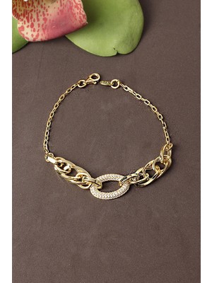 By Barun Zincir Bileklik Oval Zirkon Taşlı 925 Ayar Gümüş Beyaz Silver Zincir Bileklik