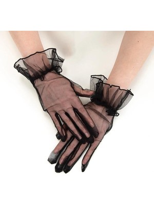 NessiWorld Kısa Boy Likralı Güpürlü Yetişkin Tül Eldiven Siyah Renk