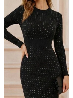 Civetta Kadın Uzun Kollu Bisiklet Yaka Taşlı Midi Kadife Elbise