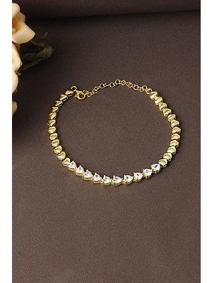 By Barun Su Yolu Bileklik Kalp Model 925 Ayar Zirkon Taşlı Sarı Gold Zincir Bileklik