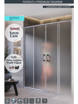 Monaqua Arteko Duşakabin Ön Cephe, 2 Sabit 2 Kayar - Parlak Eloksal Alüminyum Profil - Satine Buzlu 5mm Cam