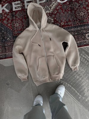 Kadın Üç Iplik Oversize Tam Fermuarlı Uzun Kol Hırka - Bej