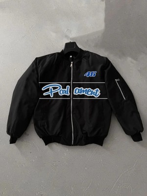 Tarz Yeri Kadın Siyah Bomber Mont Parliament Yazılı Fermuarlı Cepli Kapitone Astarlı - Siyah