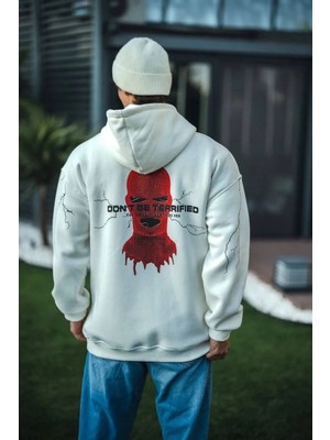 Tarz Yeri Erkek Üç Iplik Kapüşonlu Baskılı Oversize Sweatshirt- Beyaz
