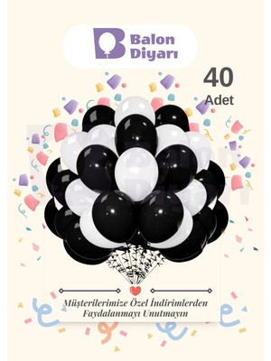 Feyza Design 40 Adet Siyah-Beyaz Balon Seti - Mat Kaliteli Balonlar