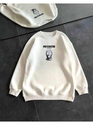 Tarz Yeri Kadın Üç Iplik Kışlık Bisiklet Yaka Baskılı Sweatshirt - Beyaz