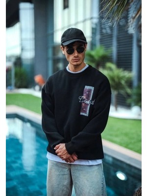 Tarz Yeri Erkek Üç Iplik Pamuklu Bisiklet Yaka Ön ve Arka Baskılı Sweatshirt - Siyah