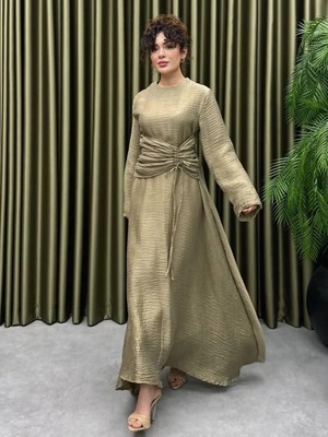 Cardella Firuze Drapeli Bel Detaylı Tncl Kumaş Uzun Elbise – Tesettür Uyumlu Astarlı Elbise