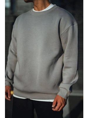 Erkek Kışlık Bisiklet Yaka Üç Iplik Basic Sweatshirt - Boyalı Gri