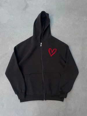 Kadın Üç Iplik Baskılı Fermuarlı Kapüşonlu Hırka - Siyah