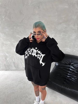 Kadın Üç Iplik Kapüşonlu Baskılı Sweatshirt - Siyah