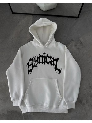 Kadın  Üç Iplik Kapüşonlu Baskılı Oversize Sweatshirt- Beyaz