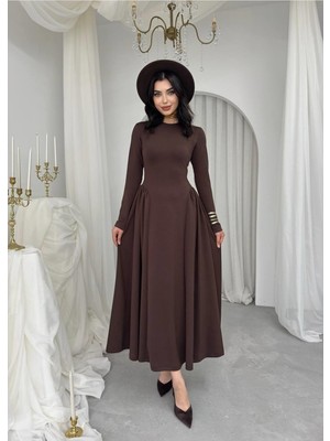 Nils Butik Zale Modal Kumaş Uzun Kol Bel Oturan Kloş Midi Kadın Elbise