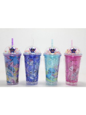 Starseven Sevimli Stitch Işıklı Pipetli Pullu Suluk Bardak 400 ml