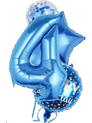 Feyza Design Mavi 4 Yaş Happy Birthday Konfetili Balon Seti