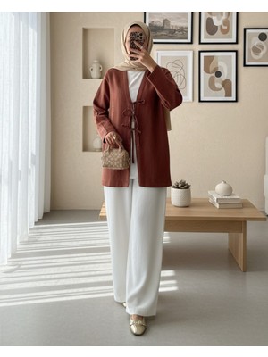 Moda Morfo Önü Üç Bağcıklı Keten Kimono -Taba