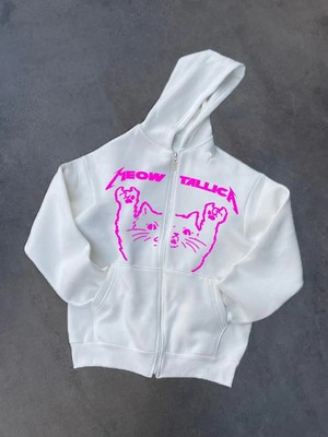 Kadın Üç Iplik Kışlık Baskılı Fermuarlı Kapüşonlu Hırka - Beyaz