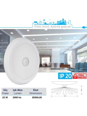Teletek 22W Pır Sensörlü LED Tavan Armatürü 6500K
