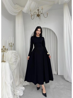 Nils Butik Zale Modal Kumaş Uzun Kol Bel Oturan Kloş Midi Kadın Elbise