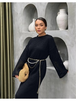 Cardella Kemer Detaylı File Elbise Komple Astarlı Ajurlu Elbise