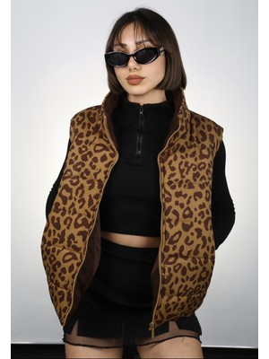 Sopinksovamp Kadın Leopar Balıkçı Yaka Şişme Yelek