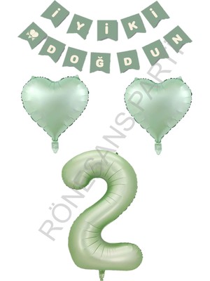 Feyza Design Yeşil Renk Rakam Kalp Banner Doğum Günü Seti - 2 Yaş