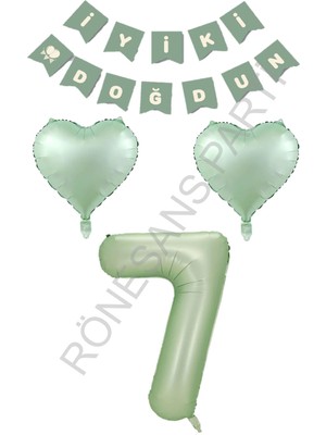 Feyza Design Yeşil Rakam Kalp Banner Doğum Günü Seti - Yaş-7