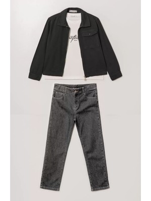 Alg ERKEK ÇOCUK KOT PANTOLON + KETEN CEKET + TİŞÖRT 3'LÜ TAKIM KOMBİN