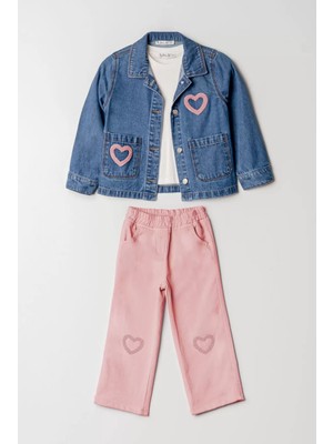 Alg KIZ ÇOCUK KOT CEKET + KETEN PANTOLON + TİŞÖRTLÜ TAKIM 3'LÜ KOMBİN