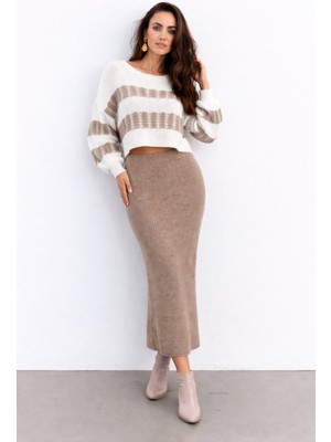Meğdaix Kadın Uzun Kollu Kayık Yakalı Salaş Triko Bluz ve Etek Ikili Takım
