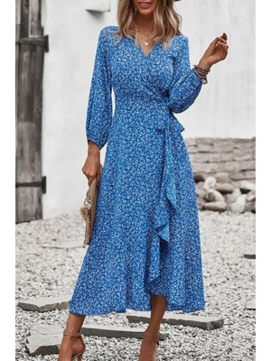 Munn Collection Kadın Uzun Kollu Kruvaze Yaka Yandan Bağlamalı Önden Fırfır Detaylı Süprem Uzun Elbise