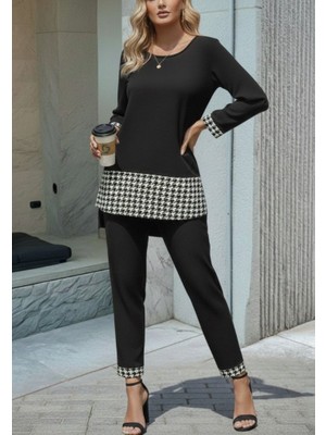 Gacha Kadın Uzun Kollu Yuvarlak Yakalı Kaz Ayağı Detaylı Viskon Iki Iplik Bluz ve Pantolon Ikili Takım