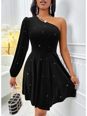 Infivento Kadın Tek Omuzdan Açık Uzun Kollu Taşlı Mini Elbise