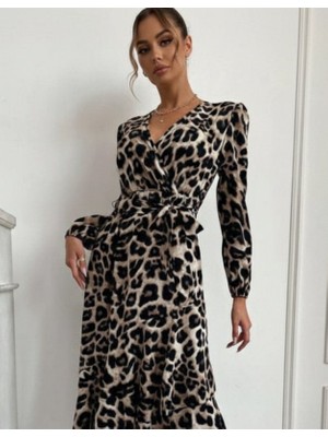 Civetta Kadın Uzun Kollu Kruvaze Yaka Yandan Bağlamalı Önden Fırfır Detaylı Süprem Uzun Elbise